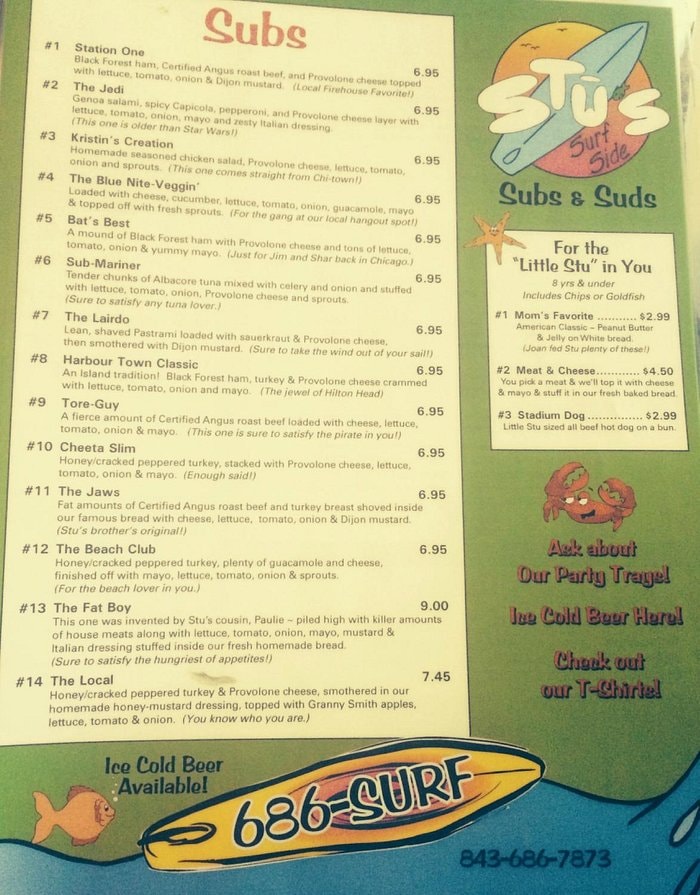 Stus Surfside Subs menu board