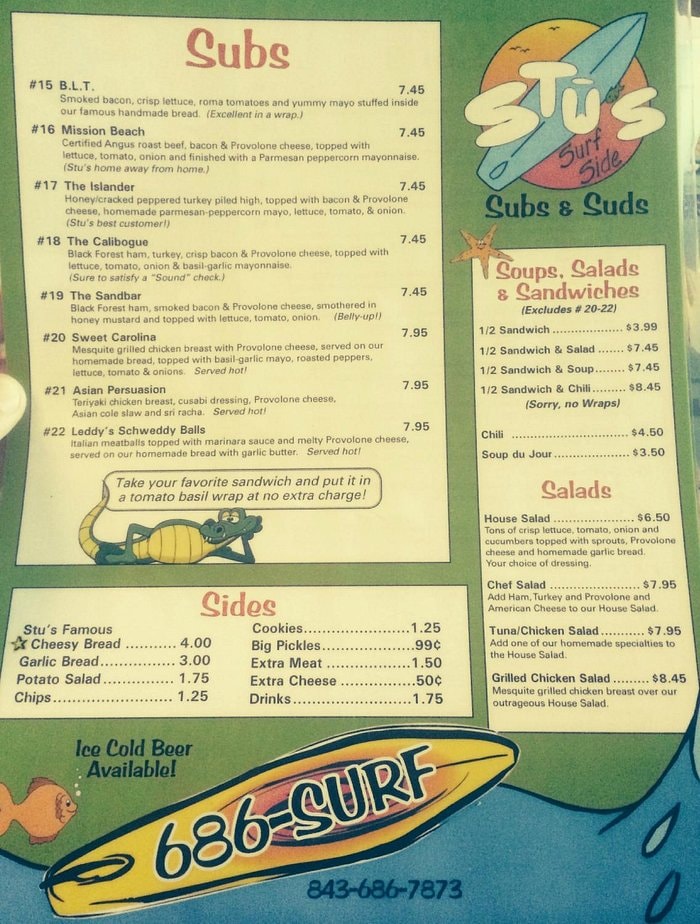 Stus Surfside Subs full menu